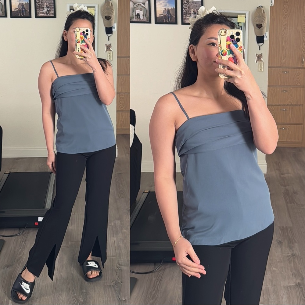 Chic Blue Spaghetti Strap Top and Black Slit Pants